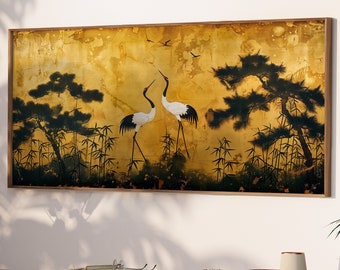 Lakelzdecor Cranes Pines and Bamboo Gold Wall Print, Ogata