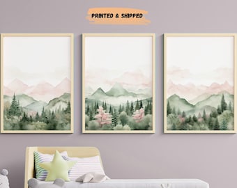 LakelzDecor Pink mountain nursery decor art prints, Set of 3, Forest nursery wall art, tree nursery decor, adventure sage green and pink