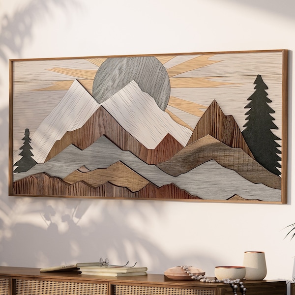 LakelzDecor Western Mountain abstracte muurprint, cabinekunst, ingelijst hout geïnspireerd, groot horizontaal canvas, houten paneeleffect, zonsopganghemel