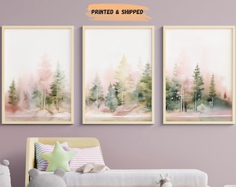 LakelzDecor Pink Forest nursery art prints, Set of 3, Woodland nursery wall art, Watercolor tree nursery decor, adventure sage green & pink