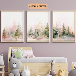 LakelzDecor Pink Forest nursery art prints, Set of 3, Woodland nursery wall art, Watercolor tree nursery decor, adventure sage green & pink