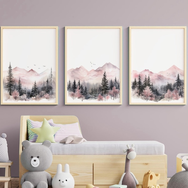 LakelzDecor Girl Mountain nursery decor printable, Set of 3, baby girl wall art, adventure theme nursery, forest theme, blush pink and gray