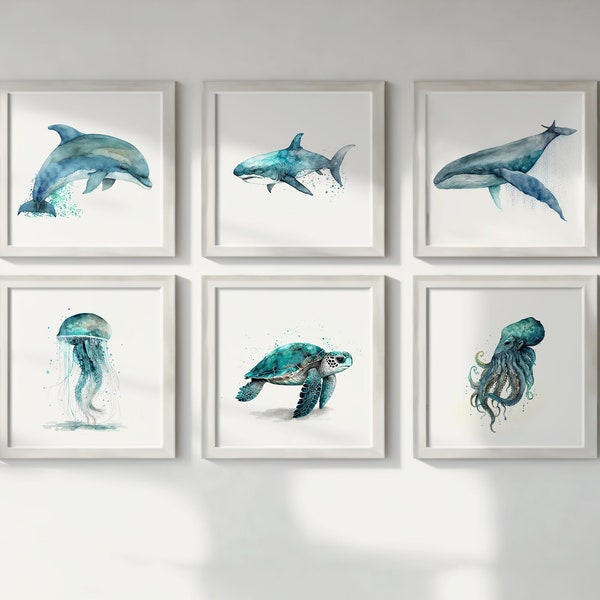 Sea Animal Wall Art Printable, Set of 6, Nursery wall decor, Ocean animals, Blue and gray, playroom art poster, Watercolor painting