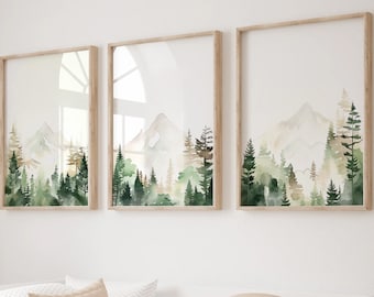 Forest nursery decor printable, Set of 3, nursery wall art, tree nursery decor, adventure nursery, mountain nursery theme, sage green, beige