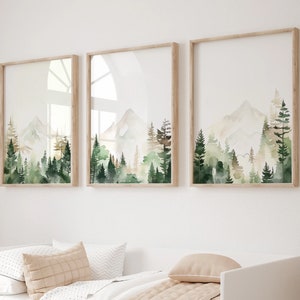 Forest nursery decor printable, Set of 3, nursery wall art, tree nursery decor, adventure nursery, mountain nursery theme, sage green, beige