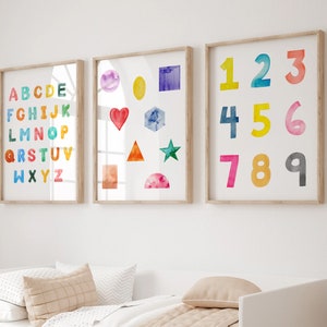 Arte imprimible para guardería con alfabeto y formas, juego de 3, decoración de pared educativa, decoración de guardería para niño y niña, sala de juegos, habitación de bebé, arte infantil con acuarela