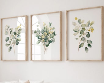 LakelzDecor Watercolor Botanical Eucalyptus Print, Set of 3, Sage Green, Beige, Wild Flowers Art, Boho Floral Bundle, Gold Modern Home Decor