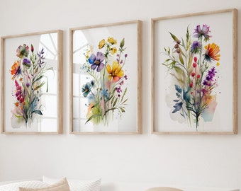 Colorful flower Art, Set Of 3, Bright Floral Prints, Digital Download, Watercolor Flowers, Farmhouse Decor, Meadow Grass, Botanical Greenery