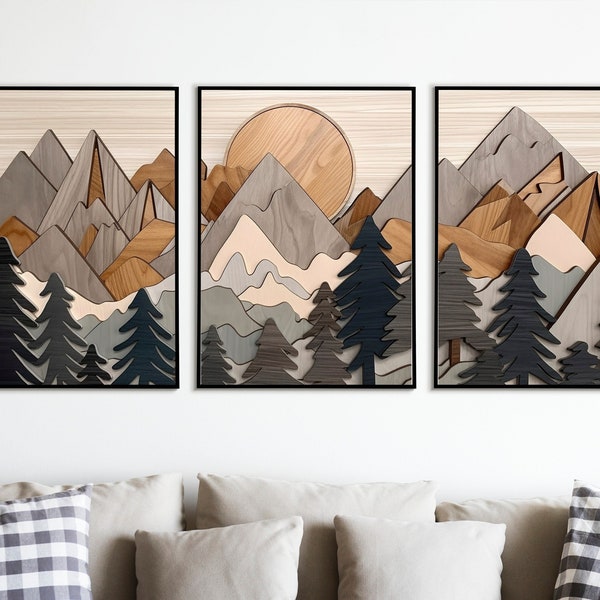 Wooden Mountain Range Wall Art, Set of 3, Wood Panels, Wood Wall Art, Modern Wall Art, Large Wall Art, Rustic Wood Effect Art, Forest Art