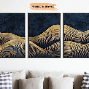 Navy Blue and Gold Minimalist Wall Art, Ocean Wave Set of 3, Navy and Gold Abstract Shapes, Geometric Hallway Print, Living Room Wall Decor