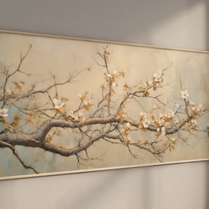 LakelzDecor Beige Botanical Wall decor, Wide Horizontal Landscape Print, Oil Painting Flower Wall Art, Floral Tree Branch, Large Panorama