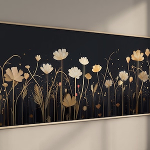 LakelzDecor Panoramic Flower Field Wall Art, Minimalist Modern Art Home Decor, Dark Gray and Gold Print, Large Canvas Art, Abstract Wall Art
