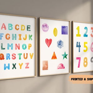 Alfabeto y formas vivero arte impresiones, conjunto de 3, decoración de la pared de la educación, decoración de la guardería del niño niña, arte de la sala de juegos, habitación del bebé, arte del niño de la acuarela