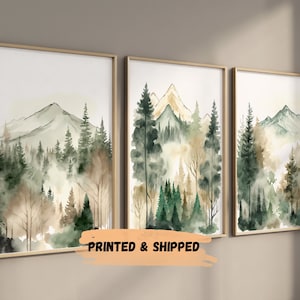 Forest nursery decor art prints, Set of 3, mountain nursery wall art, tree nursery decor, adventure nursery, forest theme, sage green, beige