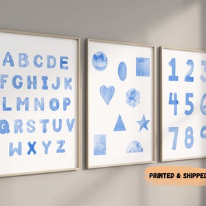 Blau Alphabet und Formen Kinderzimmer Art Prints, 3er Set, Bildung Wanddekoration, Jungen Kinderzimmer Dekor, Spielzimmer Kunst, Baby Jungenzimmer, Aquarell