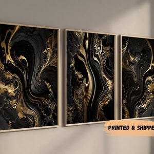Black & Gold Wall Prints Marble Wall Printed art Set of 3 Black Bedroom Decor Black and Gold Wall Print Living Room Decorations Abstract Art