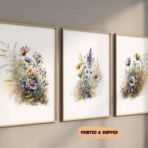 Flower Art Prints, Set of 3, Watercolor wildflowers, Farmhouse Decor, Meadow Grass, Bedroom Wall Decor, Pastel Colors, Botanical Greenery