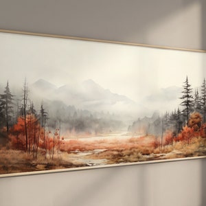 LakelzDecor Autumn Forest Wall decor, Wide Horizontal Print, Mountain Wall Art, Black and Orange, Fall Leaves, Large Panorama canvas