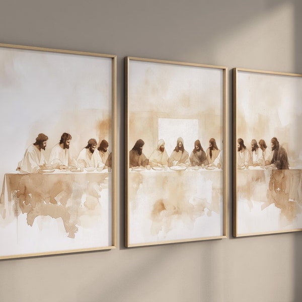 LakelzDecor The last Supper, Jesus Set of 3, Leonardo Da Vinci Parable LDS Home Decor, Bible Renaissance Wall Art, Christian Faith Shepherd