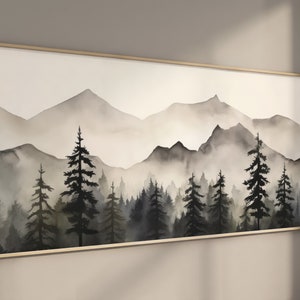 LakelzDecor Mountain Forest Wall decor, Wide Horizontal Landscape Print, Watercolor Wall Art, Large Minimalist Panorama, Black and White