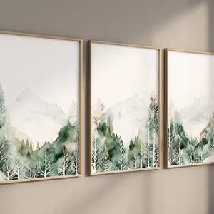 Nursery decor mountain, Set of 3, nursery wall art printable, tree nursery decor, adventure theme nursery, forest prints, sage green, beige