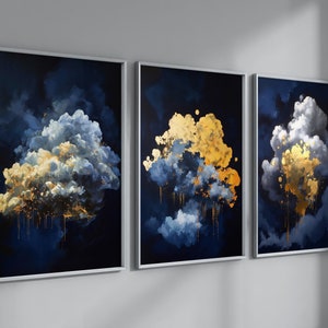 Blue & Gold Cloud Wall Art, Set of 3, Navy and Gold, Watercolor Abstract Wall Art, Modern Hallway Print, Living Room Decor, Gallery Wall Set