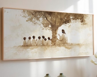LakelzDecor Beige Jesus Teaching the Children Print, Child of God Minimalist, Peace Olive Tree Christ Bible Watercolor Christian Faith LDS