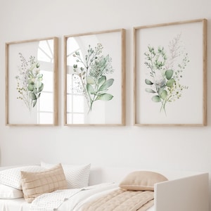 3 Piece Watercolor Botanical Print Set, Sage Green, Beige, Wild Flowers Art, Boho Floral Bundle, Modern Home Decor, Wildflower Posters Art