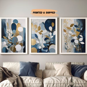 Navy & Gold Abstract Botanical and Shapes Wall Art, Set of 3, Minimalistic Living Room Decor, Watercolor art prints, Modern Hallway Print
