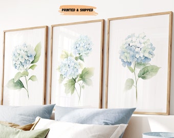 LakelzDecor Light Blue & Green Watercolor Botanical Prints, Set of 3, Minimalist Hydrangea Art, Hamptons Boho Floral, Modern Home Decor