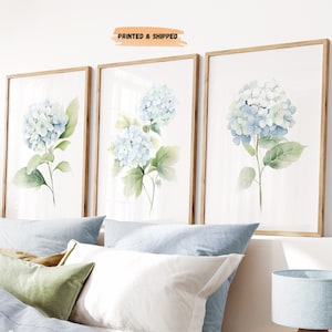 LakelzDecor Light Blue & Green Watercolor Botanical Prints, Set of 3, Minimalist Hydrangea Art, Hamptons Boho Floral, Modern Home Decor