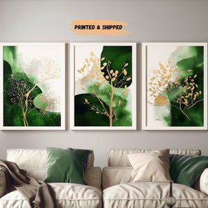 Emerald Green and Gold Abstract Wall Art, Set of 3, Bedroom Wall Art, Gold Botanical Wall Decor, Emerald and Gold, Living Room Decor