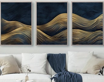 Navy Blue Golden Waves Abstract Wall Art, Set of 3, Navy and Gold, Ocean Wave Shapes Art, Geometric Hallway Print, Living Room Wall Decor