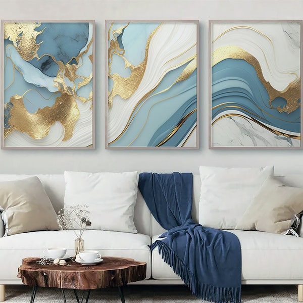 Lot de 3 oeuvres d'art murales en marbre bleu, blanc et or, art mural de chambre à coucher, décoration murale dorée, bleu et or, décoration de salon, abstrait imprimable