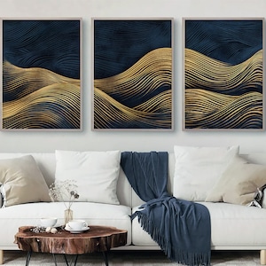 Marineblau goldene Wellen abstrakte Wandkunst, 3er-Set, Marineblau und Gold, Ozeanwelle formt Kunst, geometrischer Flur Druck, Wohnzimmer Wanddekoration