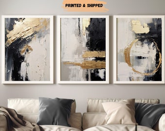 3 Piece Minimalistic Abstract Wall Art, Black, White & Gold, Modern Neutral Wall Prints, Black Bedroom Wall Art, Large Gold Wall Decor