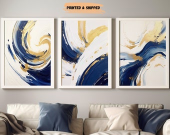 LakelzDecor Navy Blue and Gold Wall Art, Set of 3, Minimalist Abstract Shapes, Geometric Hallway Print, Abstract Living Room Wall Decor