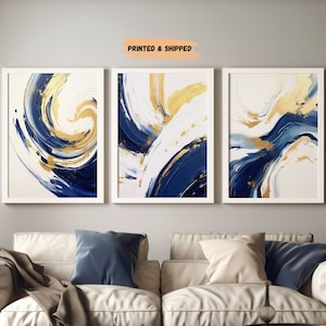 Lakelzdecor Navy Blue and Gold Wall Art, Set of 3, Minimalist Abstract ...