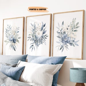 LakelzDecor Blauer Aquarell Botanischer Druck, 3er-Set, Beige Wildblumen Kunst, Boho Blumen Bundle, Modernes Wohndekor, Wildblumen Poster Kunst