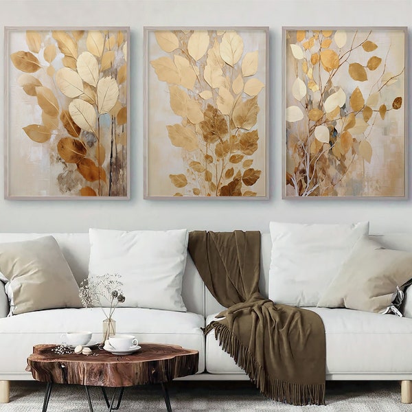 Hojas de otoño de oro pared imprimible, impresiones de pared abstractas, conjunto de 3, rama de árbol dorado, arte de pared de dormitorio beige, decoración de pared beige y dorada
