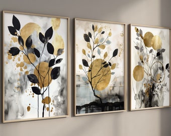 Black & Gold Botanical Abstract Wall Art, Set of 3, Gold Shapes Watercolor art, Printable Wall Art, Modern Hallway Print, Living Room Decor