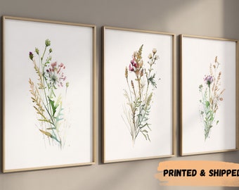 Boho Wildflower Wall Prints, Zestaw 3, Minimalistyczne Kwiatowe Druki, Kolorowe Akwarele Kwiaty, Wystrój Wiejskiego Domu, Łąki, Zieleń Botaniczna