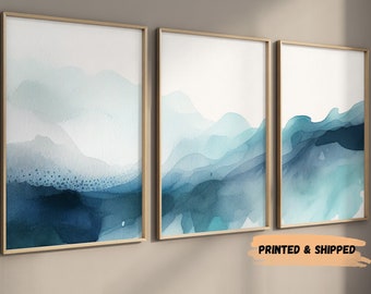 Navy Blue wall art, Set of 3 Printed Wall Decor, Ombre watercolor printed art, Abstract Art, Minimalist Poster, Ombre art, Blue Wall Prints