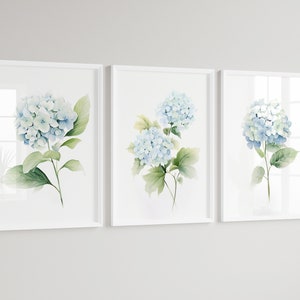 LakelzDecor, impression aquarelle d'hortensias bleu clair, lot de 3, vert sauge, lot de fleurs bohèmes, décoration d'intérieur moderne Hampton, oeuvre d'art minimaliste