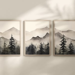 LakelzDecor Berg Dekor zum Ausdrucken, 3er-Set, Boho japanische Wandkunst, schwarz und weiß, Abenteuer Kinderzimmer, Grey Forest Abstract Thema
