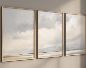 LakelzDecor Landscape Abstract Printable, Set of 3, Beige Boho art, Gray and white, Natural Minimalist, Sunrise Ocean Cloudy Sky Painting