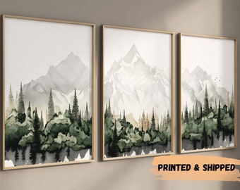 Nursery decor mountain, Set of 3, nursery wall art, tree nursery decor, adventure theme nursery, forest, sage green, beige, woodland animals