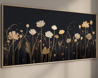 LakelzDecor Panoramic Flower Field Wall Art, Minimalist Modern Art Home Decor, Dark Gray and Gold Print, Large Canvas Art, Abstract Wall Art