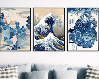 Blue Japanese Prints, Set of 3, Japanese Wall Art, Gallery Wall Art, Kanagawa Print, Great Wave Print, Hokusai Prints, Printable Download