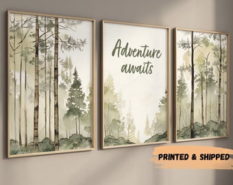 Adventure awaits nursery decor prints, Set of 3, nursery wall art, tree nursery decor, mountain nursery, forest art print, sage green, beige